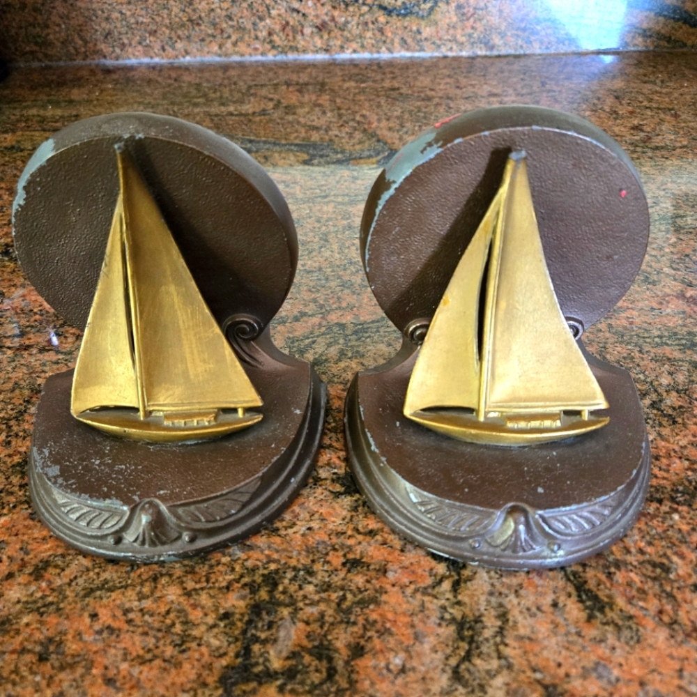 NUART Cast Metal, Vintage Nautical Bookends, Art Deco Style, Sailboat, 1920s-30s